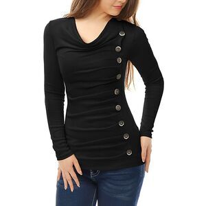 Women's Cowl Neck Long Sleeves Buttons Decor Ruched Top Black